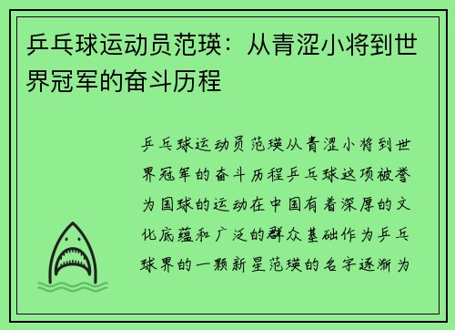 乒乓球运动员范瑛：从青涩小将到世界冠军的奋斗历程